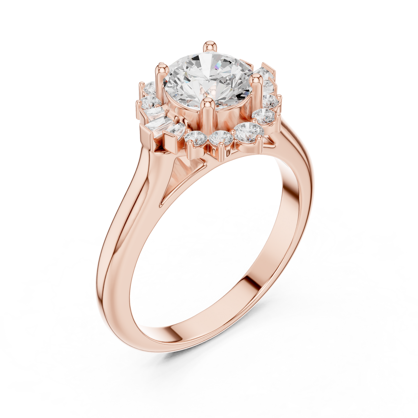 1.41ctw Round Diamond Baguette Ballerina Halo Ring - Solid Gold