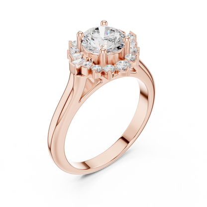 1.41ctw Round Diamond Baguette Ballerina Halo Ring - Solid Gold