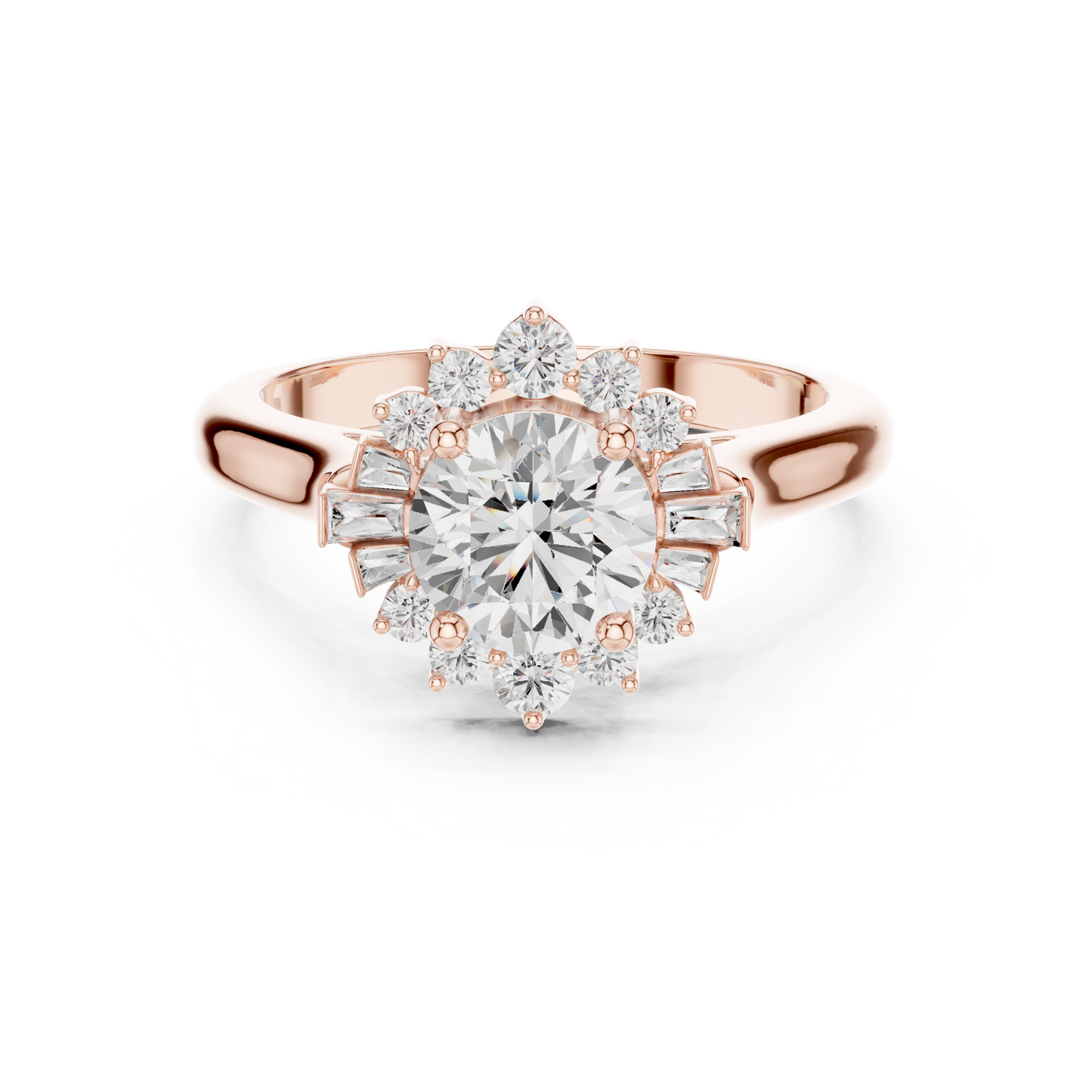 1.41ctw Round Diamond Baguette Ballerina Halo Ring - Solid Gold