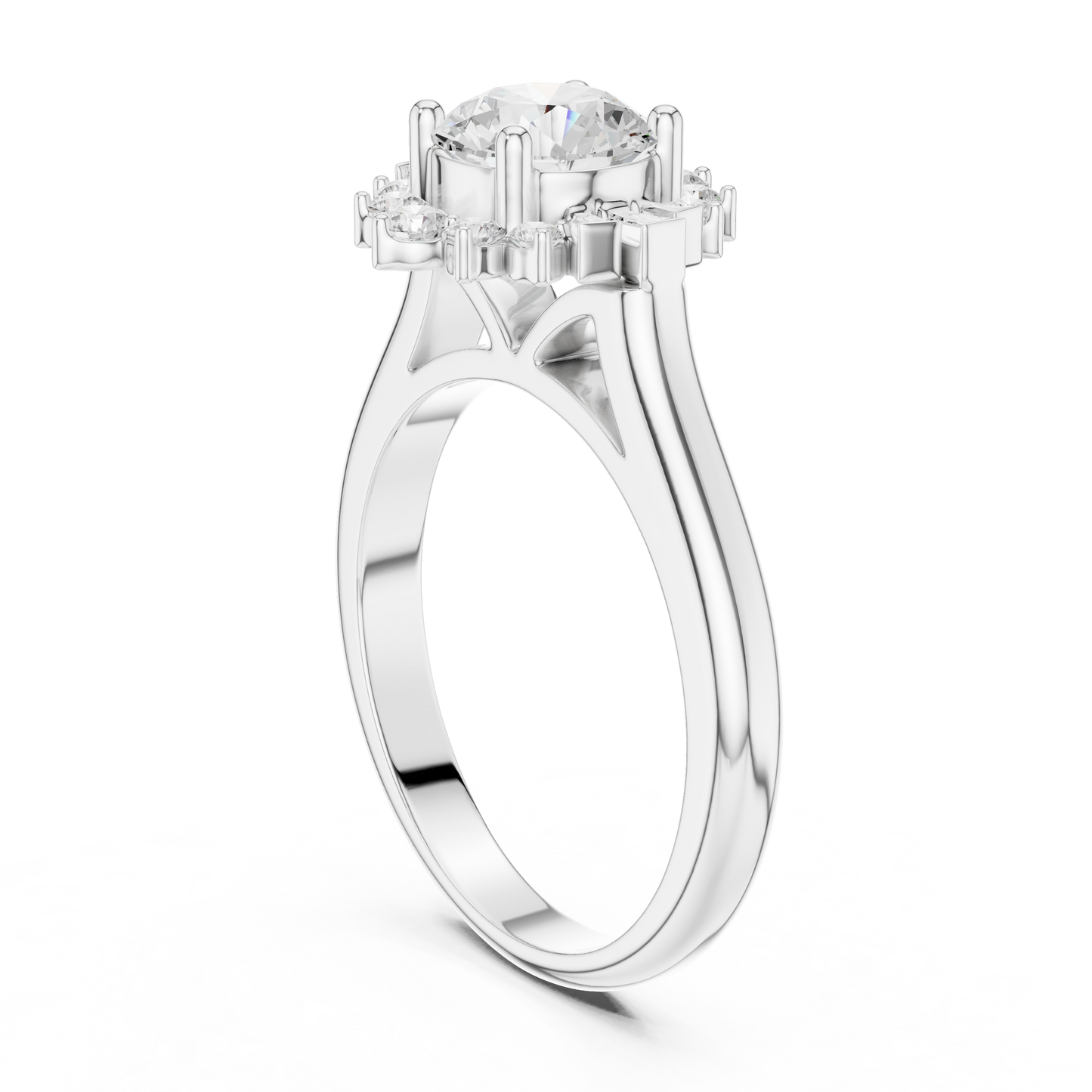 1.41ctw Round Diamond Baguette Ballerina Halo Ring - Solid Gold