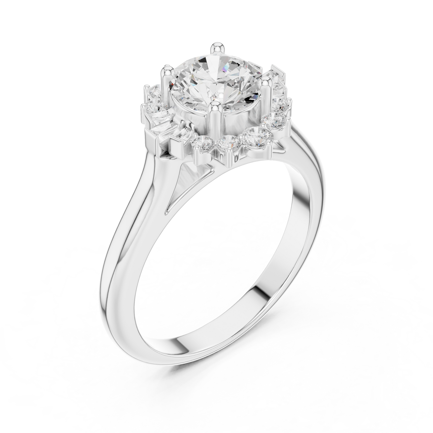 1.41ctw Round Diamond Baguette Ballerina Halo Ring - Solid Gold