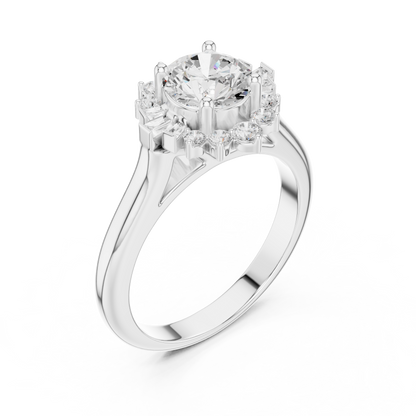 1.41ctw Round Diamond Baguette Ballerina Halo Ring - Solid Gold