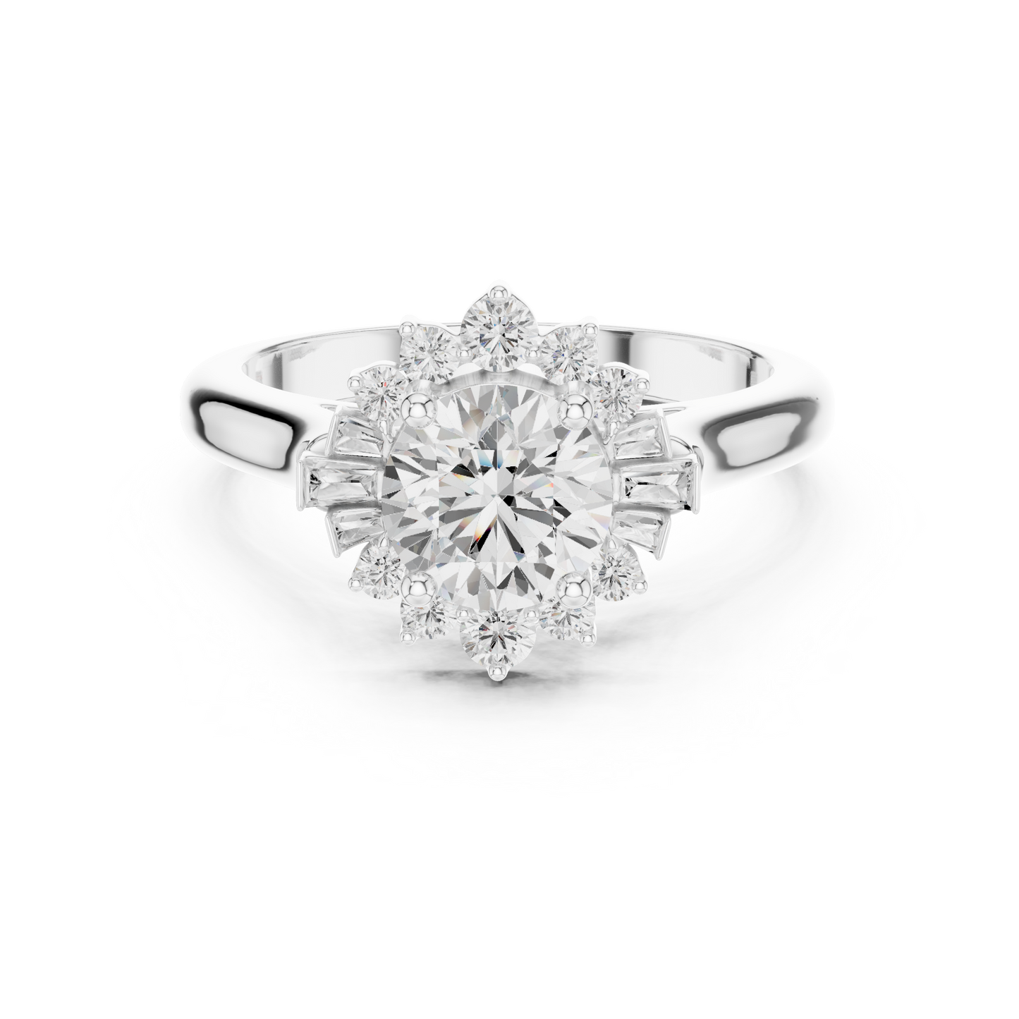 1.41ctw Round Diamond Baguette Ballerina Halo Ring - Solid Gold