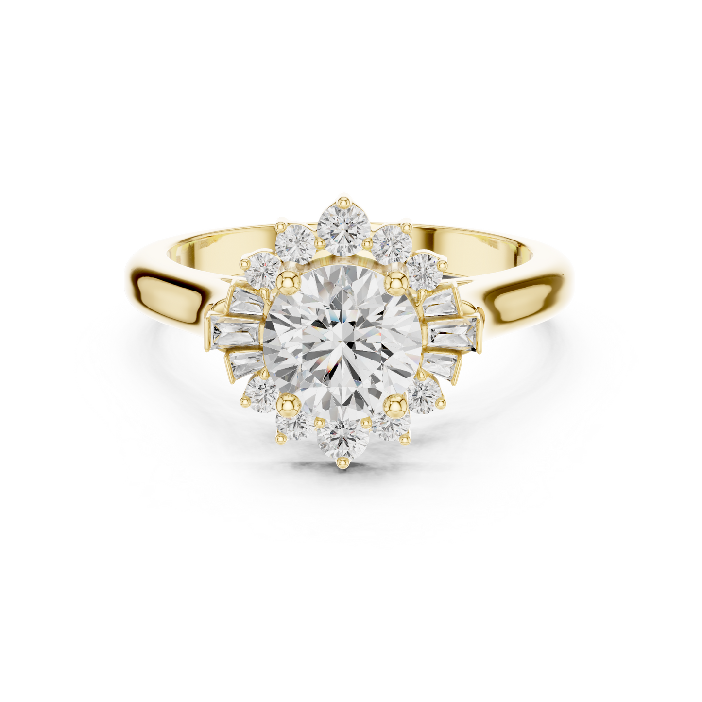 1.41ctw Round Diamond Baguette Ballerina Halo Ring - Solid Gold