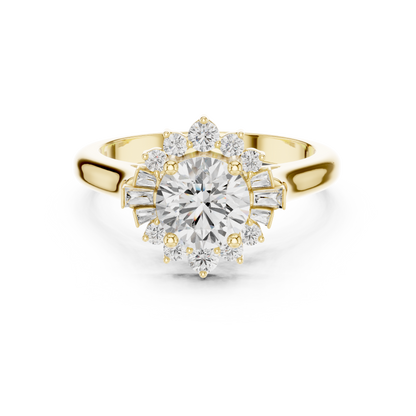 1.41ctw Round Diamond Baguette Ballerina Halo Ring - Solid Gold