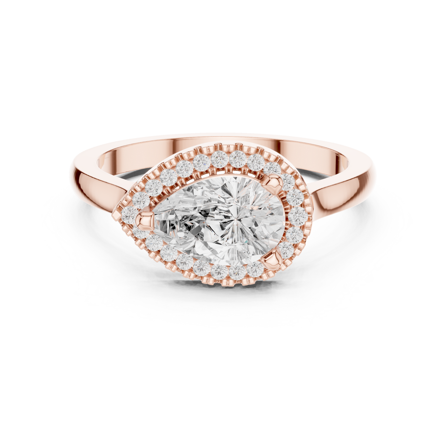 1.07ctw Pear Diamond East-West Halo Ring Plain Band - Solid Gold