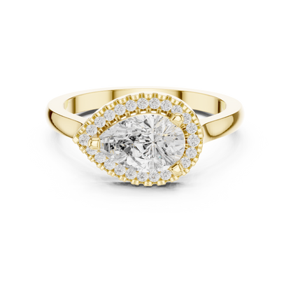 1.07ctw Pear Diamond East-West Halo Ring Plain Band - Solid Gold