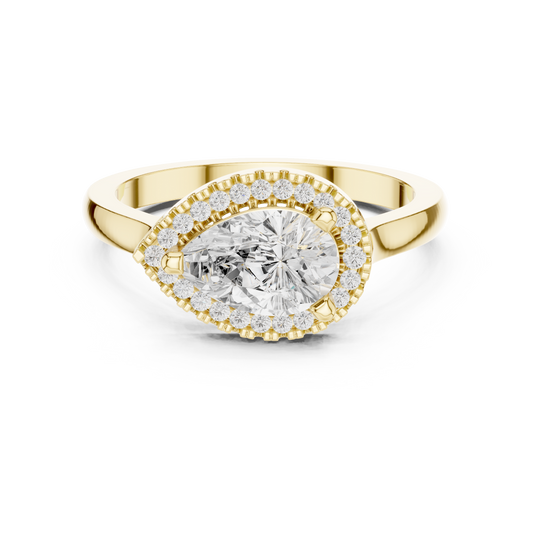 1.07 Carat Pear Diamond East-West Halo Ring Plain Band - Solid Gold