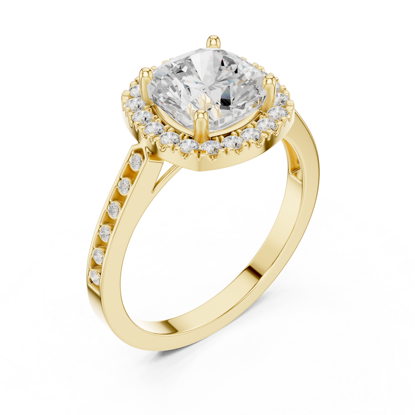 2.26 Carat Cushion Cut Diamond Halo Engagement Ring | Yellow Gold