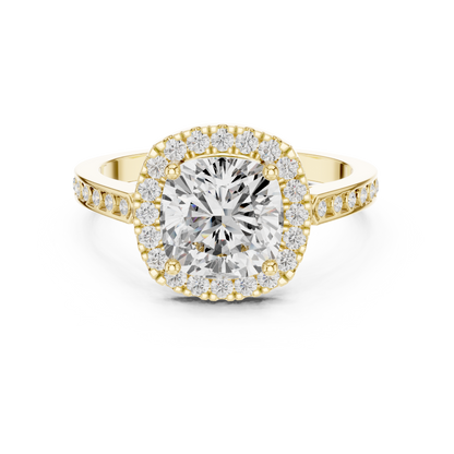 2.26 Carat Cushion Cut Diamond Halo Engagement Ring | Yellow Gold