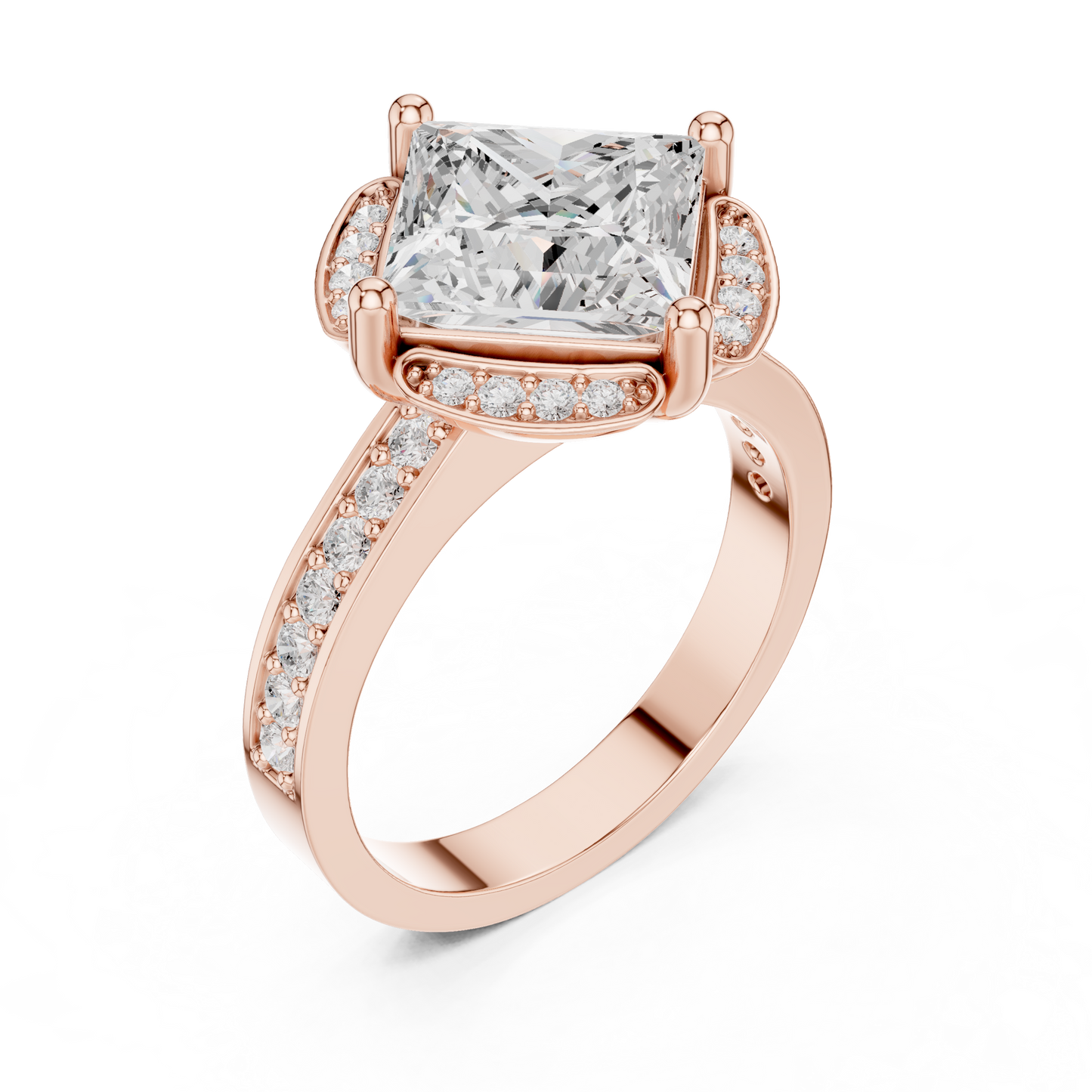 2.41ctw Princess Diamond Kite Chevron Halo Ring Pavé Band - Solid Gold