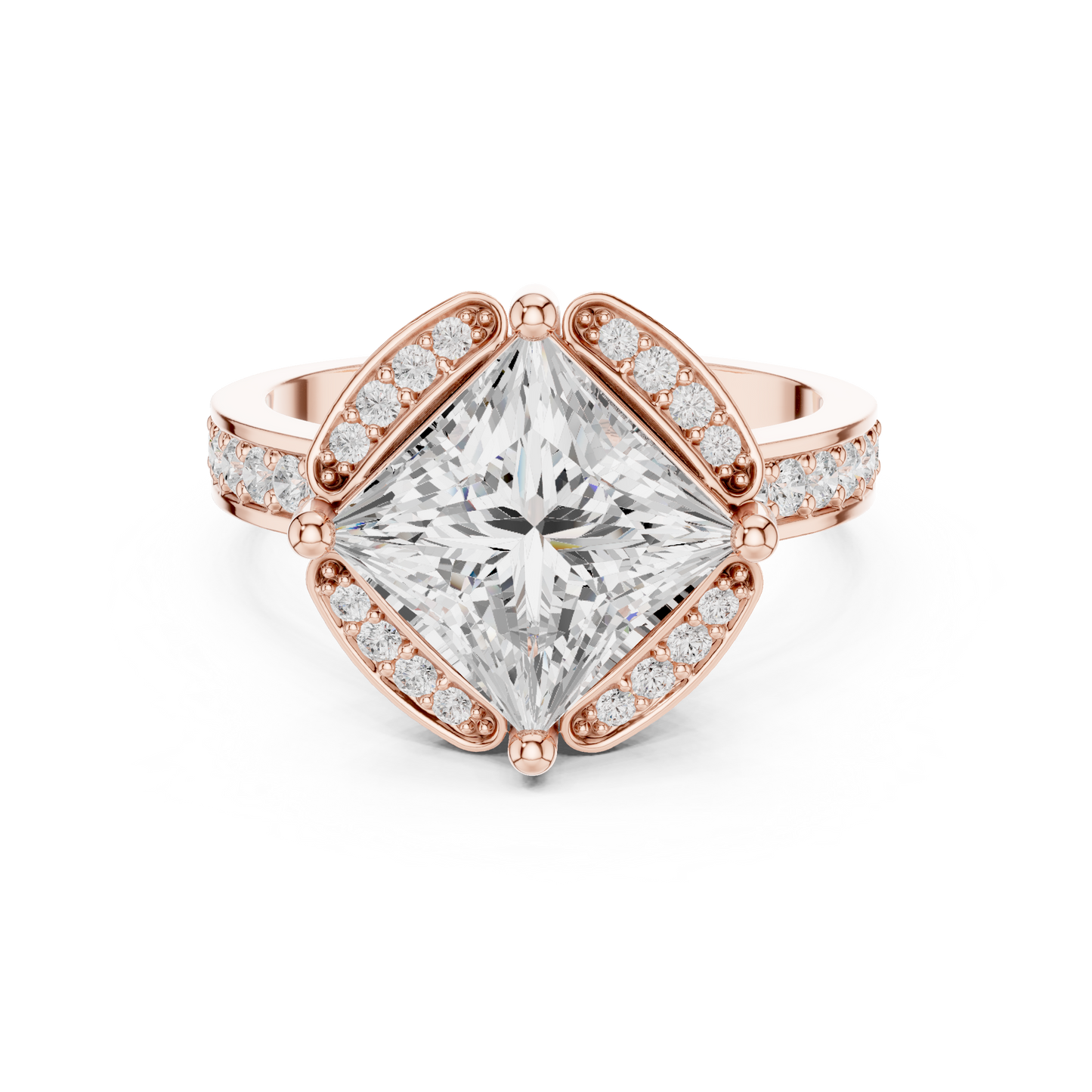 2.41ctw Princess Diamond Kite Chevron Halo Ring Pavé Band - Solid Gold