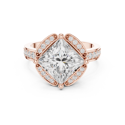 2.41ctw Princess Diamond Kite Chevron Halo Ring Pavé Band - Solid Gold