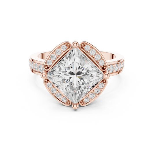 2.41 Carat Princess Diamond Kite Chevron Halo Ring Pavé Band - Solid Gold