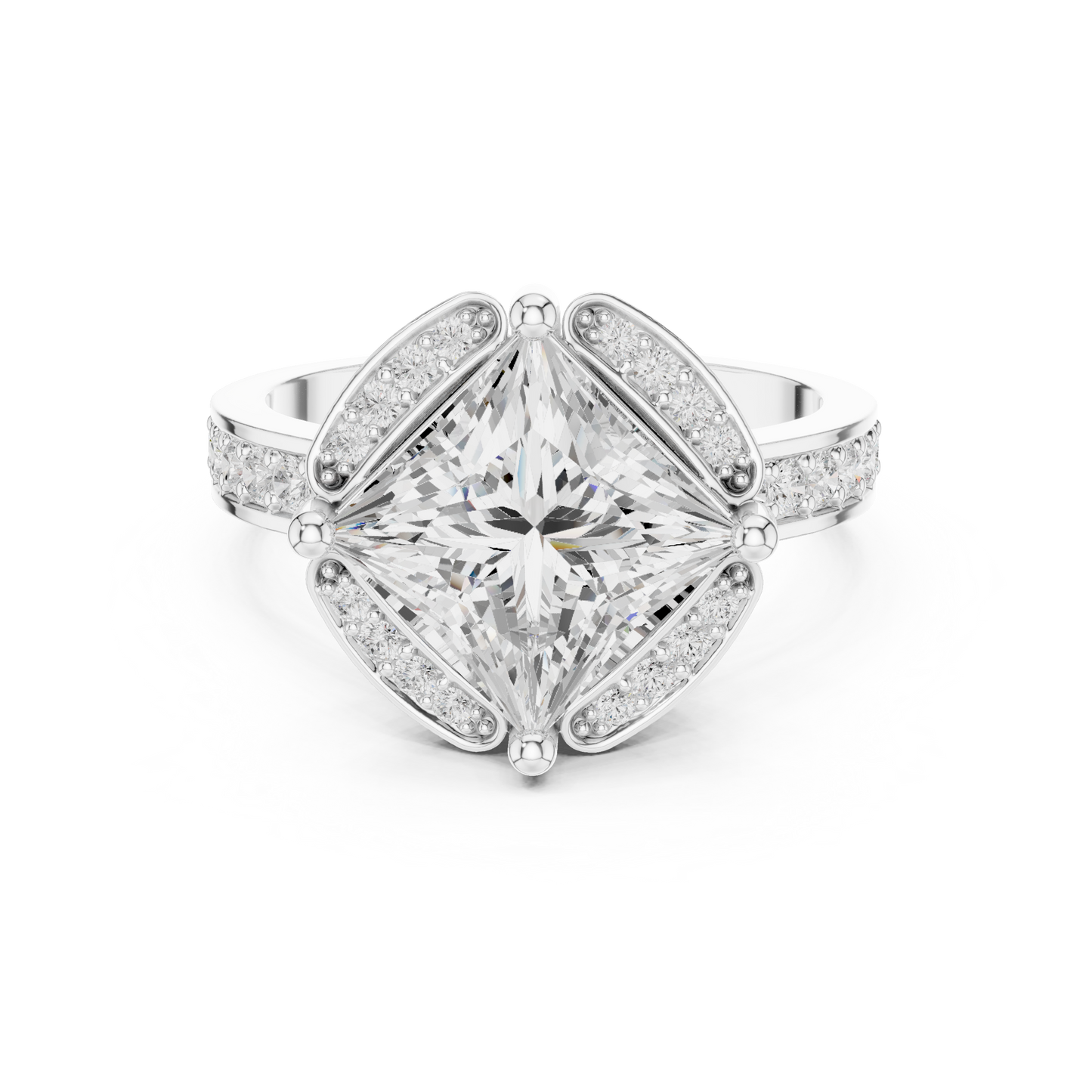 2.41ctw Princess Diamond Kite Chevron Halo Ring Pavé Band - Solid Gold