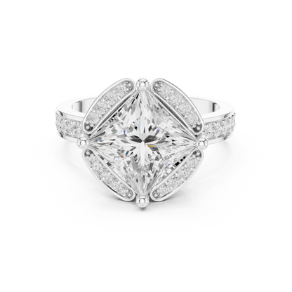 2.41ctw Princess Diamond Kite Chevron Halo Ring Pavé Band - Solid Gold