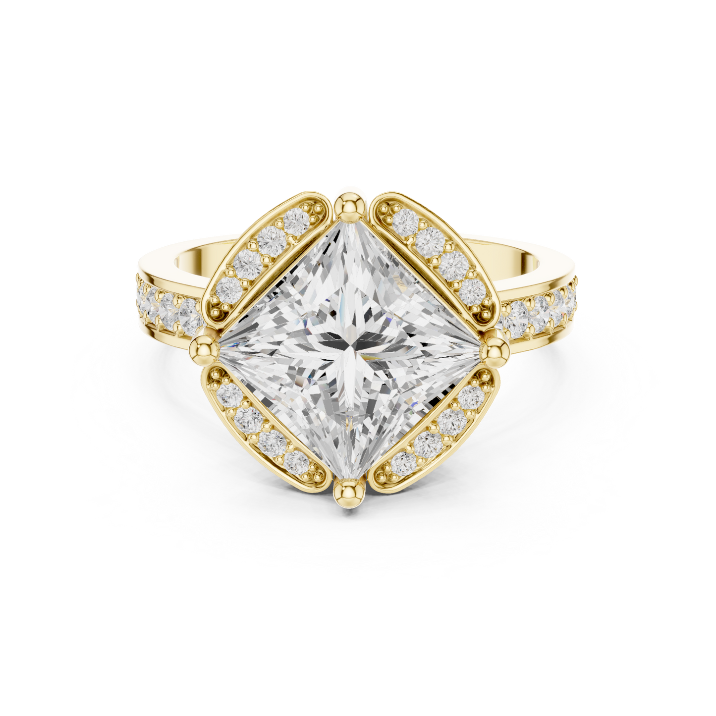 2.41ctw Princess Diamond Kite Chevron Halo Ring Pavé Band - Solid Gold