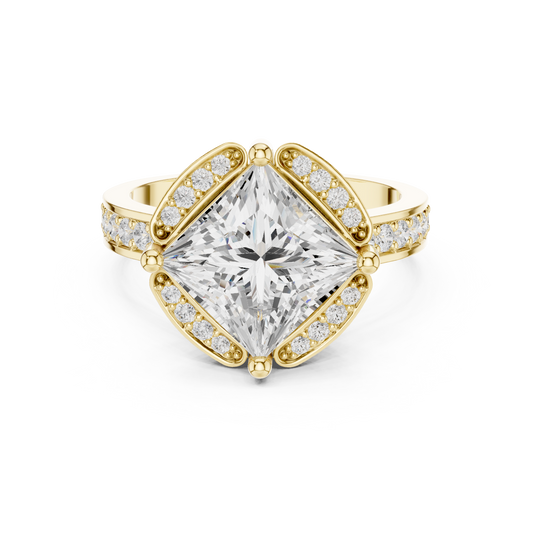 2.41 Carat Princess Diamond Kite Chevron Halo Ring Pavé Band - Solid Gold