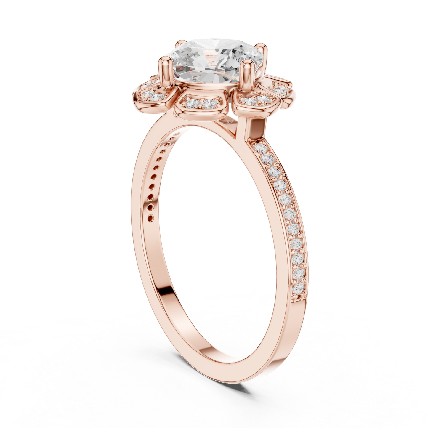 1.68ctw Cushion Diamond Floral Petal Halo Ring Pavé Band - Solid Gold