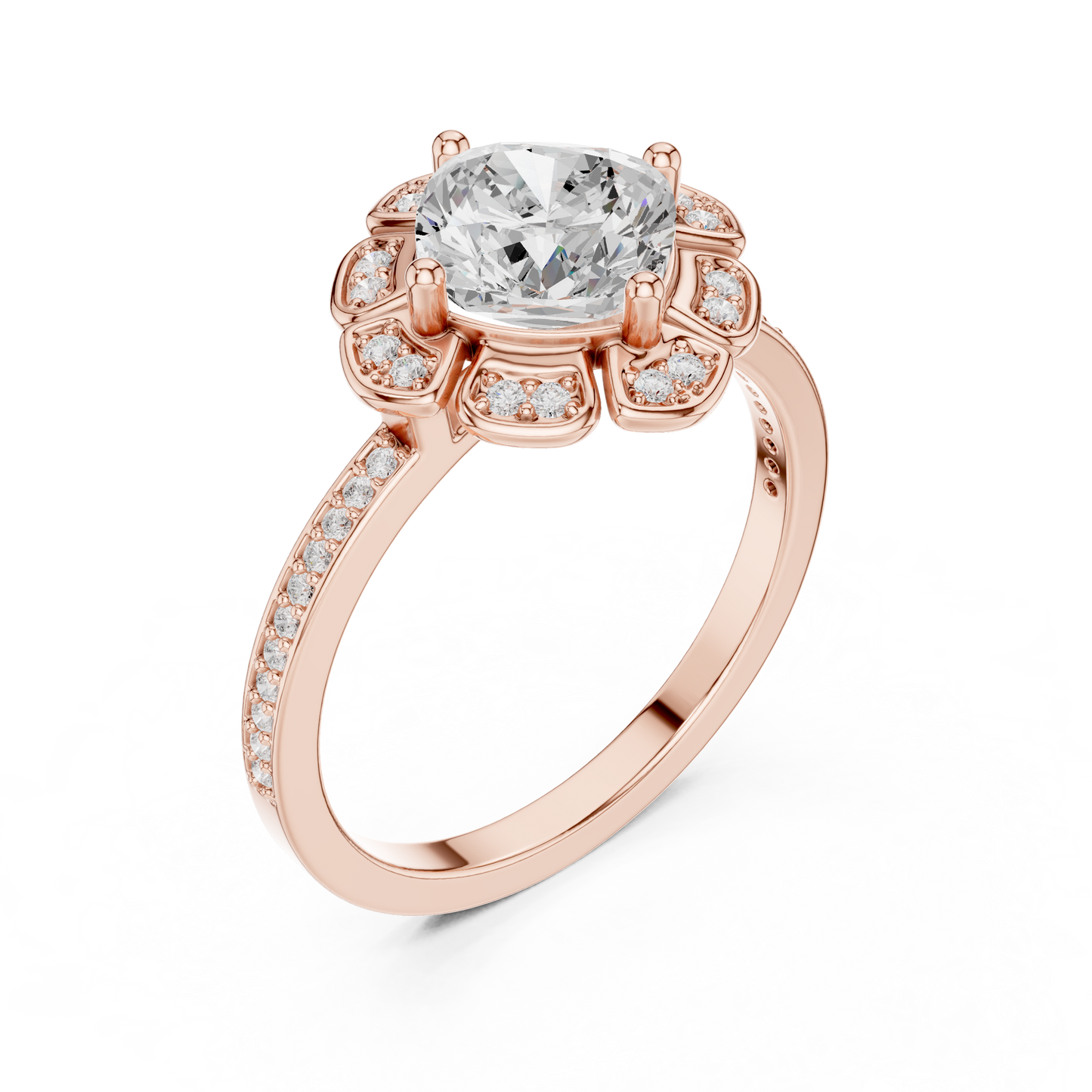 1.68ctw Cushion Diamond Floral Petal Halo Ring Pavé Band - Solid Gold