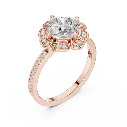 1.68ctw Cushion Diamond Floral Petal Halo Ring Pavé Band - Solid Gold