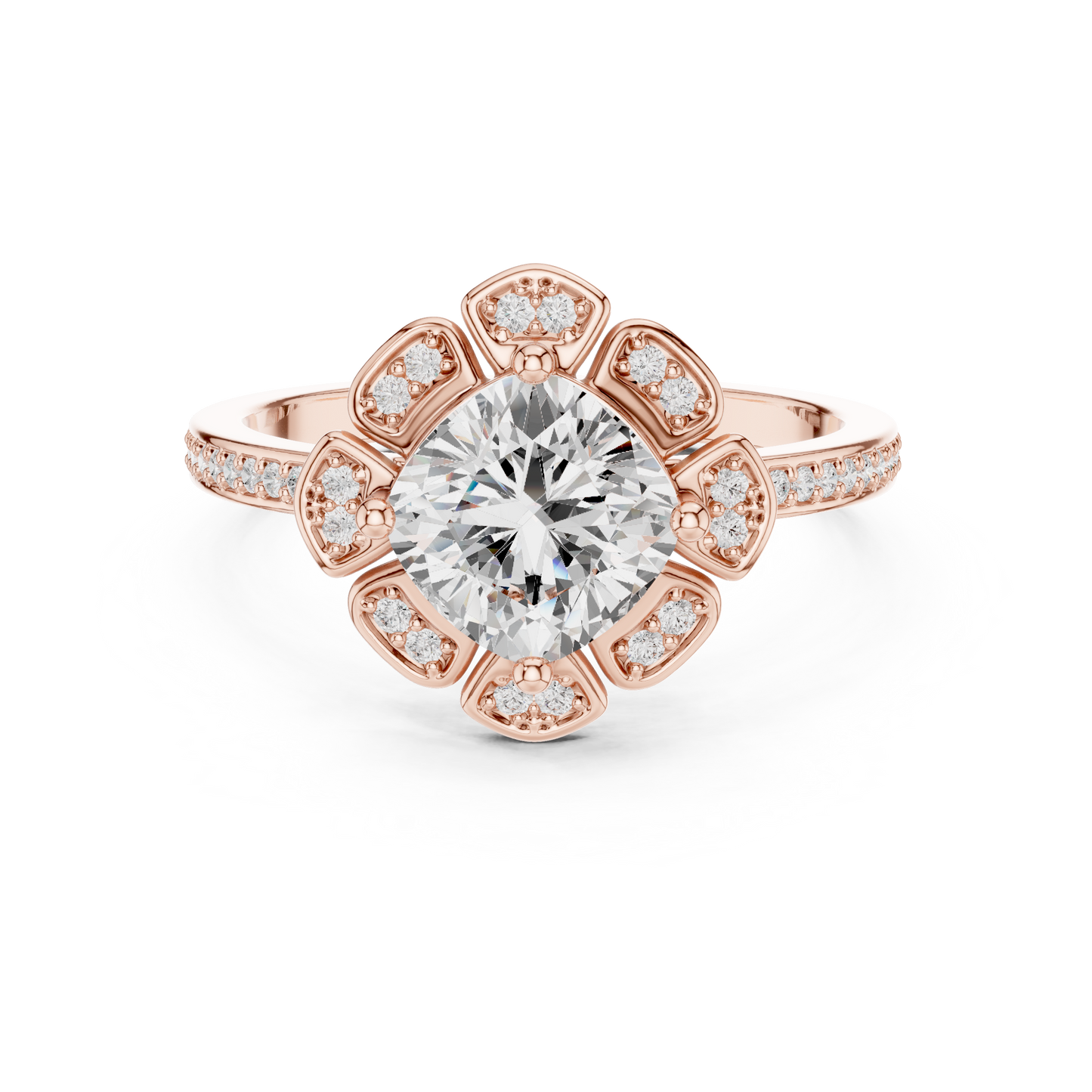 1.68ctw Cushion Diamond Floral Petal Halo Ring Pavé Band - Solid Gold