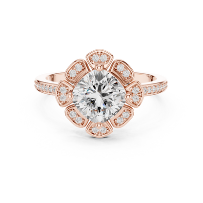 1.68ctw Cushion Diamond Floral Petal Halo Ring Pavé Band - Solid Gold