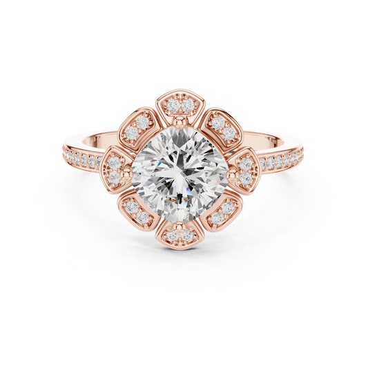 1.68 Carat Cushion Diamond Floral Petal Halo Ring Pavé Band - Solid Gold