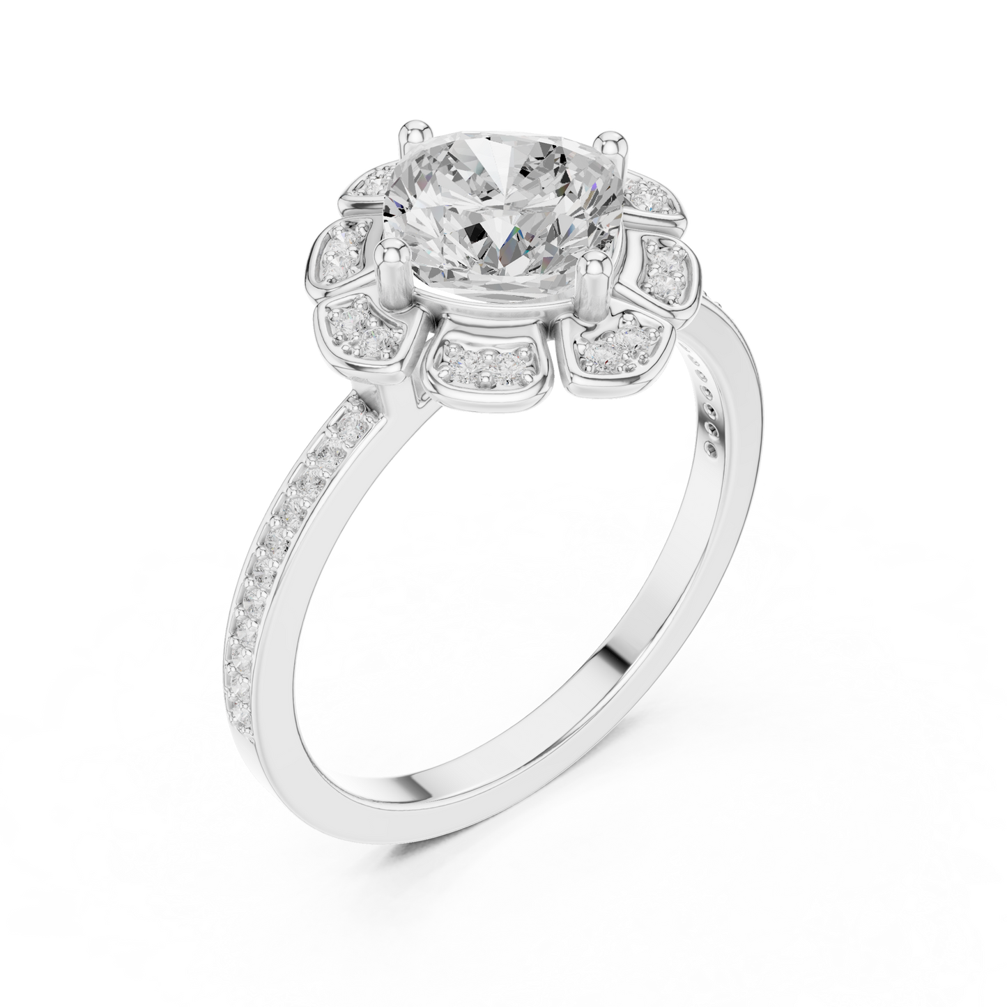 1.68ctw Cushion Diamond Floral Petal Halo Ring Pavé Band - Solid Gold