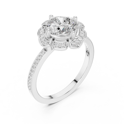 1.68ctw Cushion Diamond Floral Petal Halo Ring Pavé Band - Solid Gold