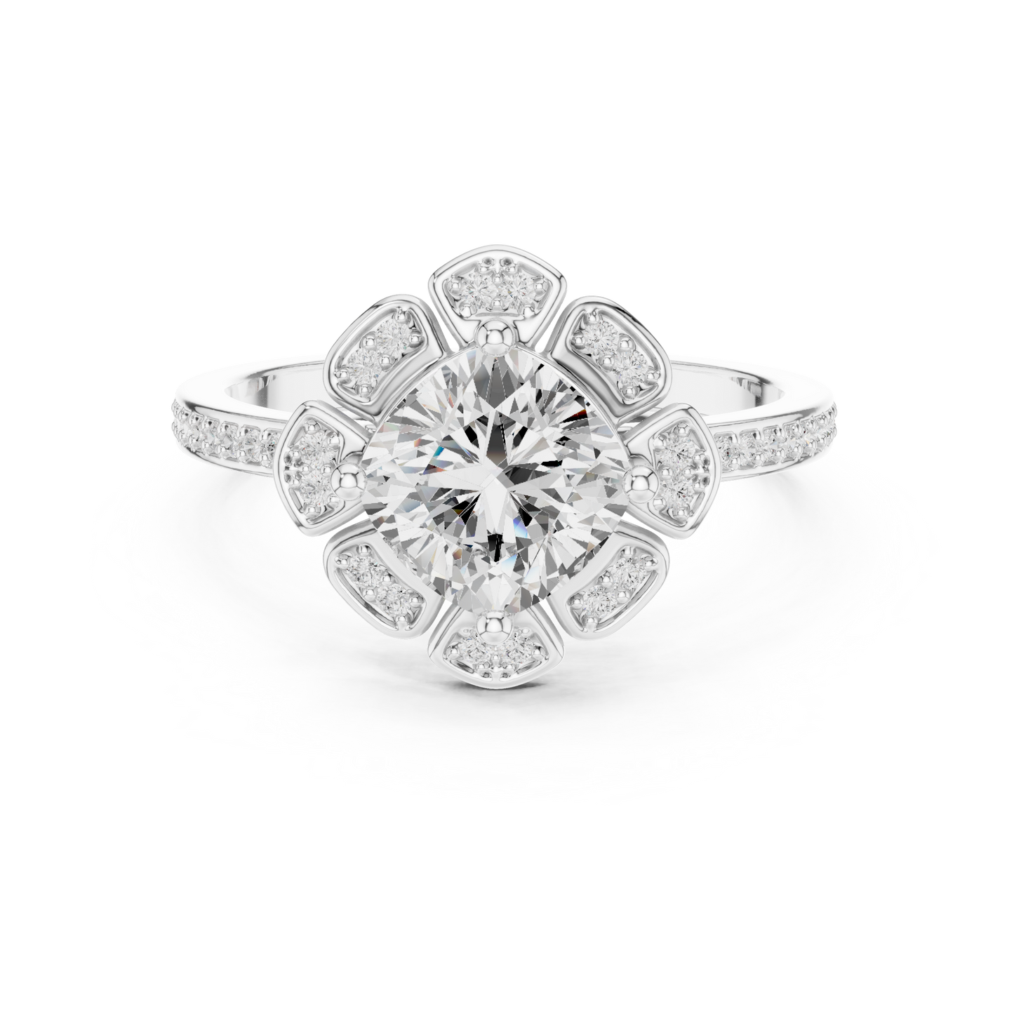 1.68ctw Cushion Diamond Floral Petal Halo Ring Pavé Band - Solid Gold