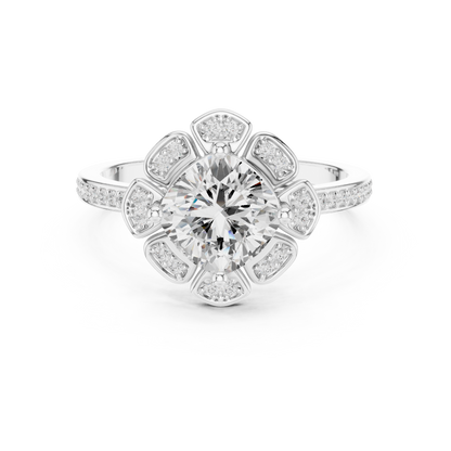 1.68ctw Cushion Diamond Floral Petal Halo Ring Pavé Band - Solid Gold