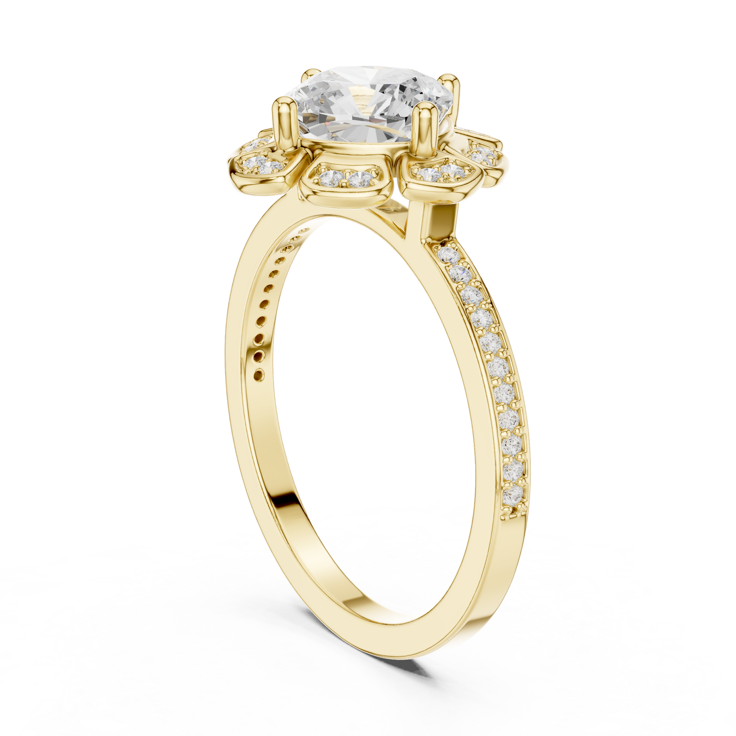 1.68ctw Cushion Diamond Floral Petal Halo Ring Pavé Band - Solid Gold