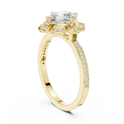 1.68ctw Cushion Diamond Floral Petal Halo Ring Pavé Band - Solid Gold