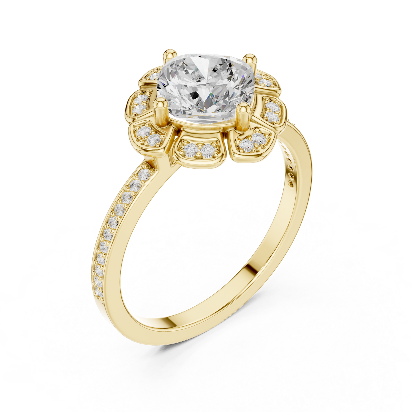 1.68ctw Cushion Diamond Floral Petal Halo Ring Pavé Band - Solid Gold