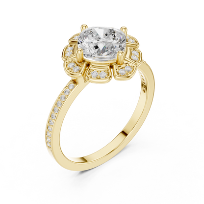 1.68ctw Cushion Diamond Floral Petal Halo Ring Pavé Band - Solid Gold