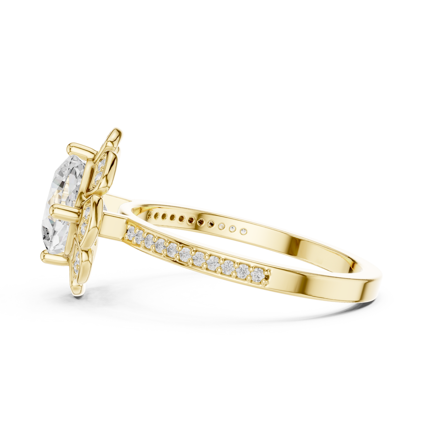 1.68ctw Cushion Diamond Floral Petal Halo Ring Pavé Band - Solid Gold