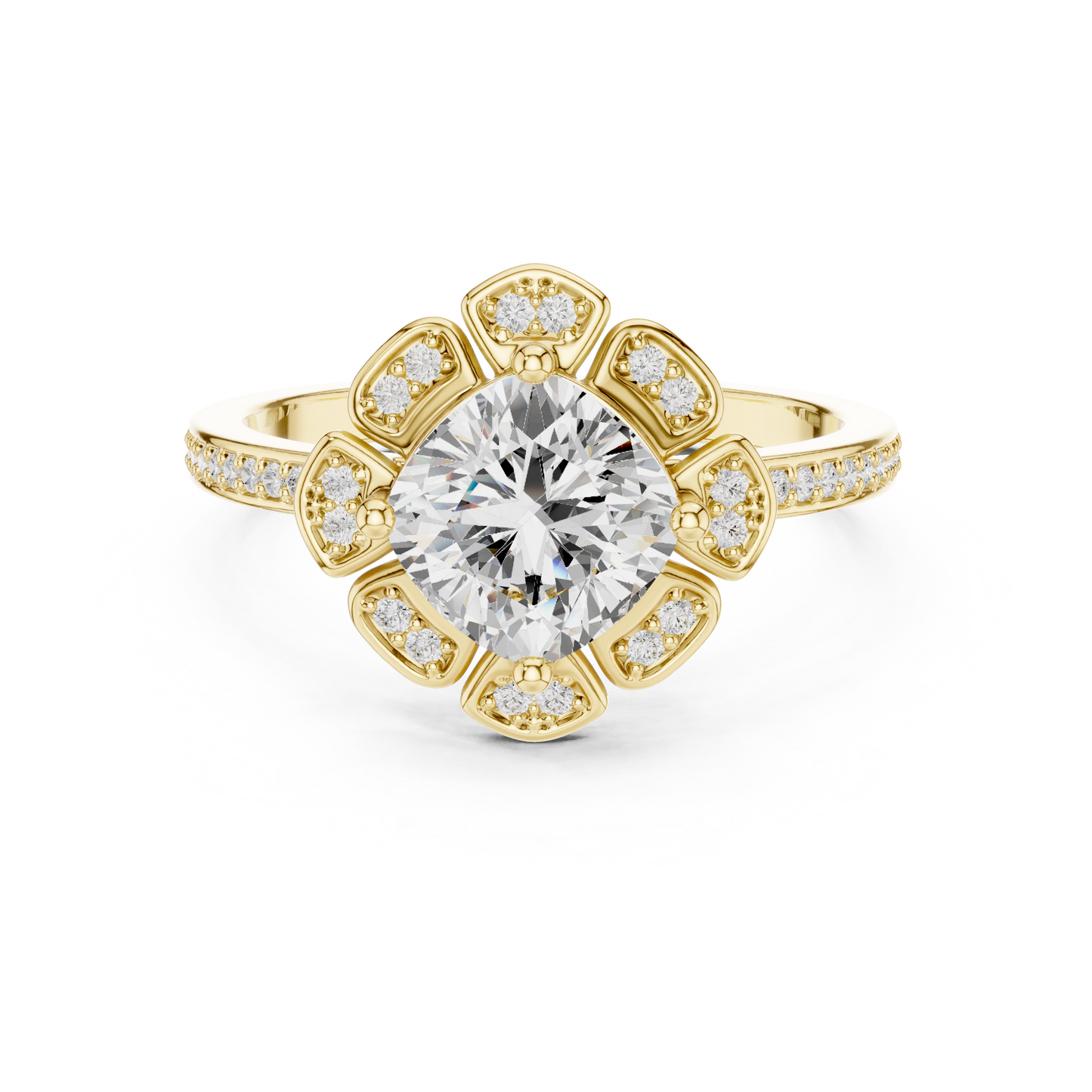 1.68ctw Cushion Diamond Floral Petal Halo Ring Pavé Band - Solid Gold