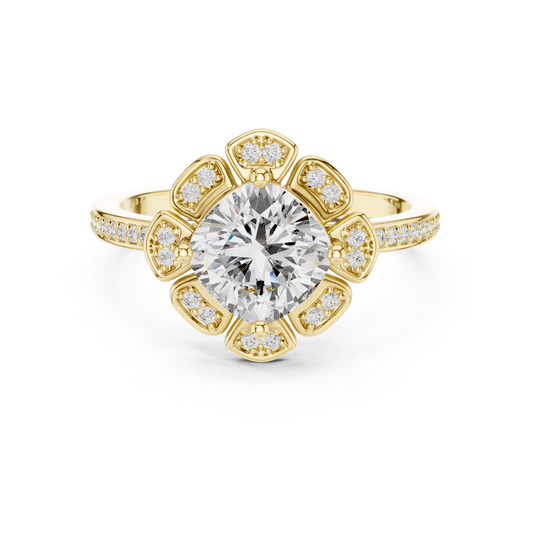 1.68 Carat Cushion Diamond Floral Petal Halo Ring Pavé Band - Solid Gold