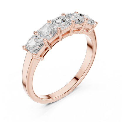 1.11ctw Asscher Cut Diamond 5 Stone Anniversary Band - Solid Gold
