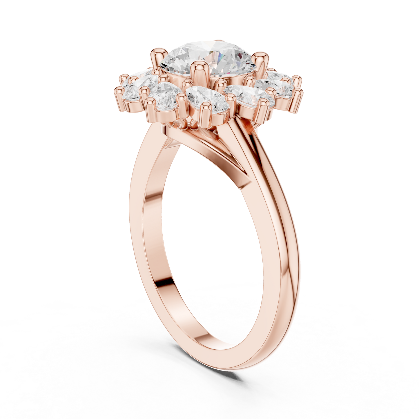 2.43ctw Round Diamond Starburst Floral Halo Ring Plain Band - Solid Gold