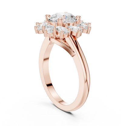 2.43ctw Round Diamond Starburst Floral Halo Ring Plain Band - Solid Gold