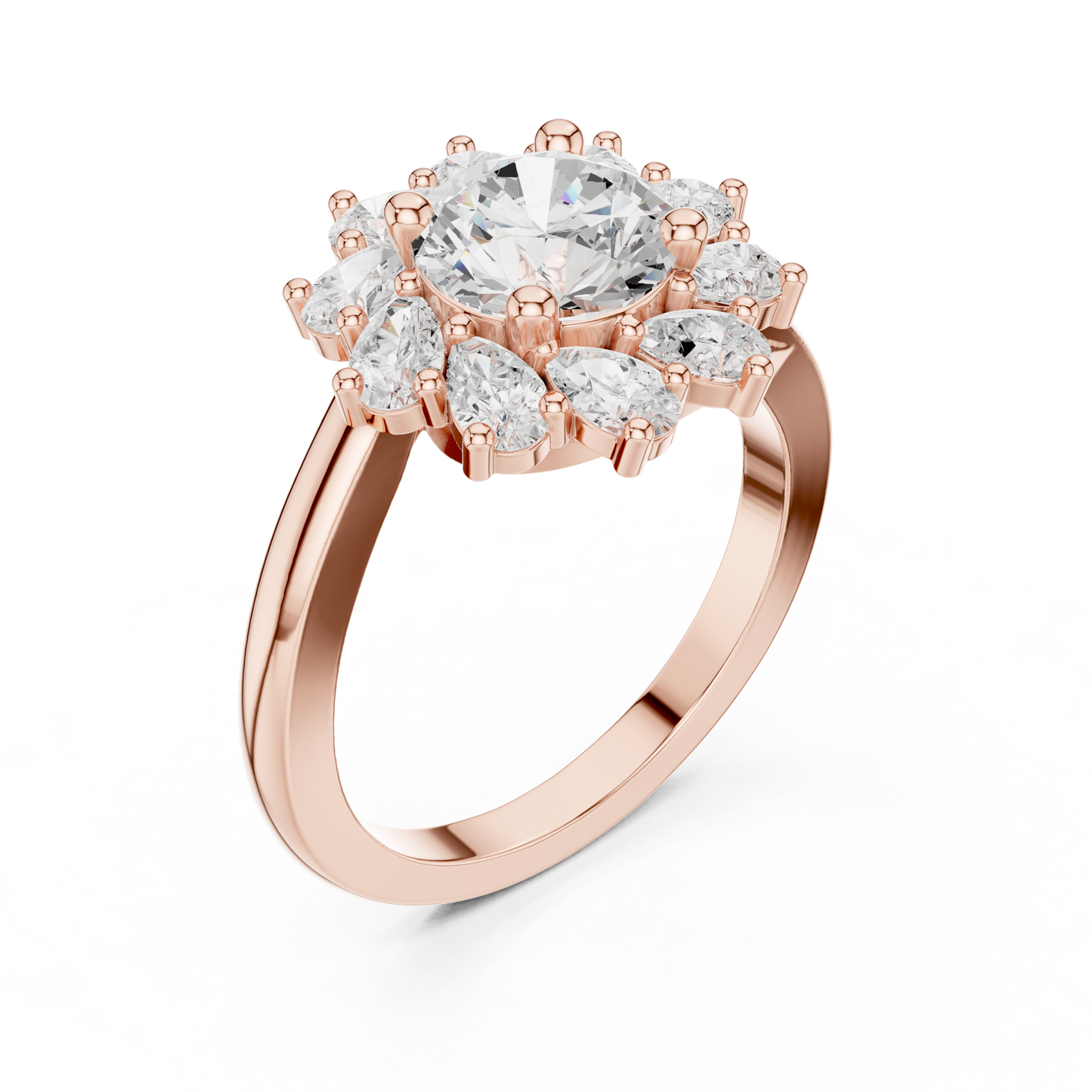 2.43ctw Round Diamond Starburst Floral Halo Ring Plain Band - Solid Gold
