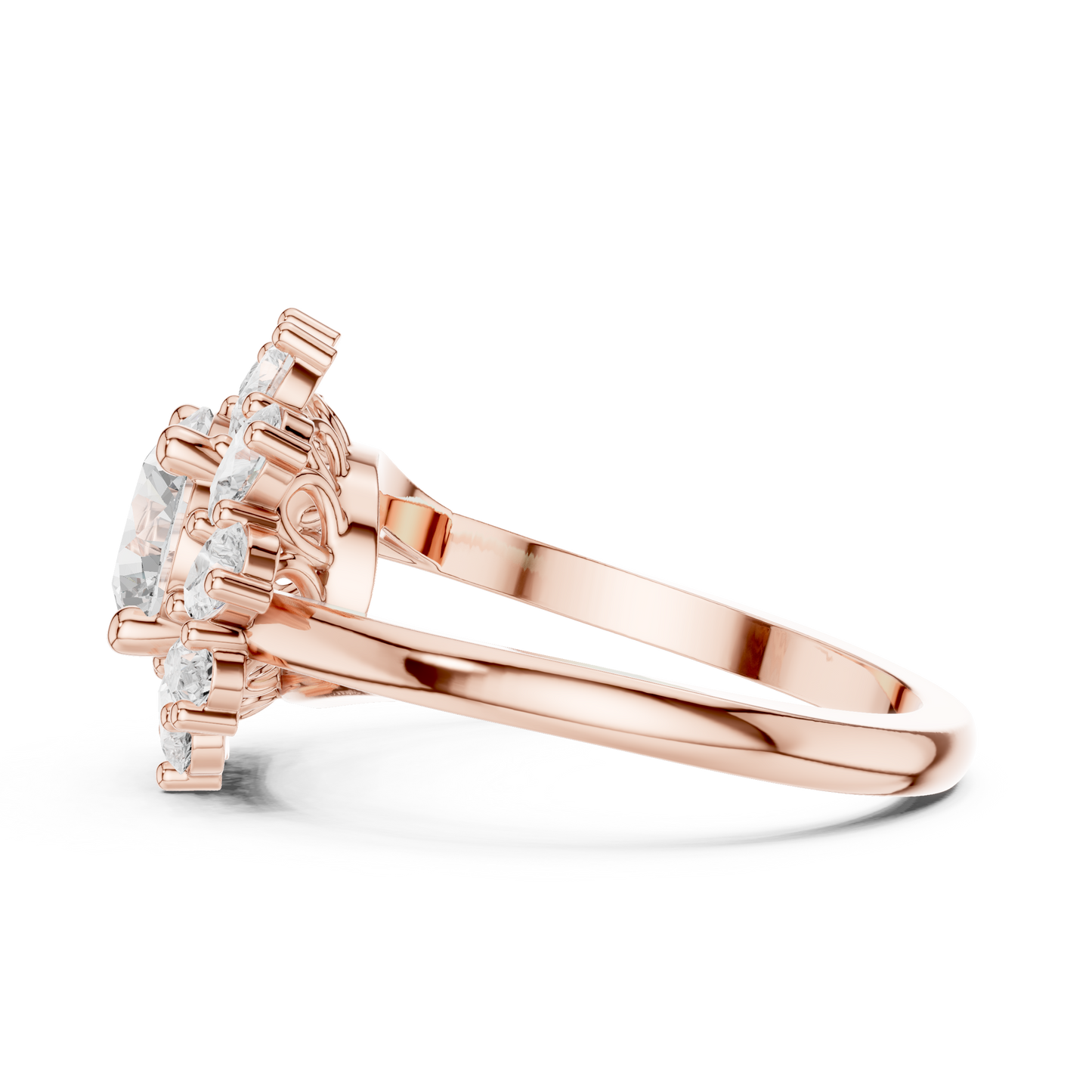 2.43ctw Round Diamond Starburst Floral Halo Ring Plain Band - Solid Gold