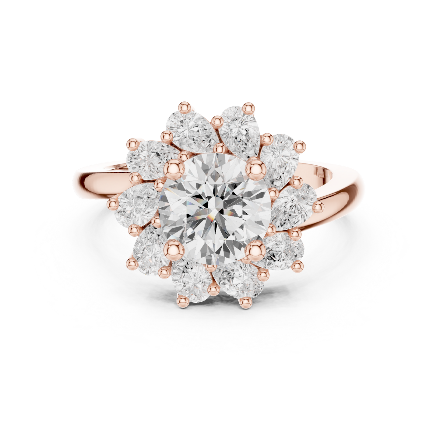 2.43ctw Round Diamond Starburst Floral Halo Ring Plain Band - Solid Gold