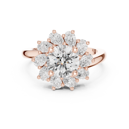 2.43 Carat Round Diamond Starburst Floral Halo Ring Plain Band - Solid Gold