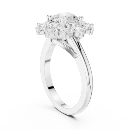2.43ctw Round Diamond Starburst Floral Halo Ring Plain Band - Solid Gold