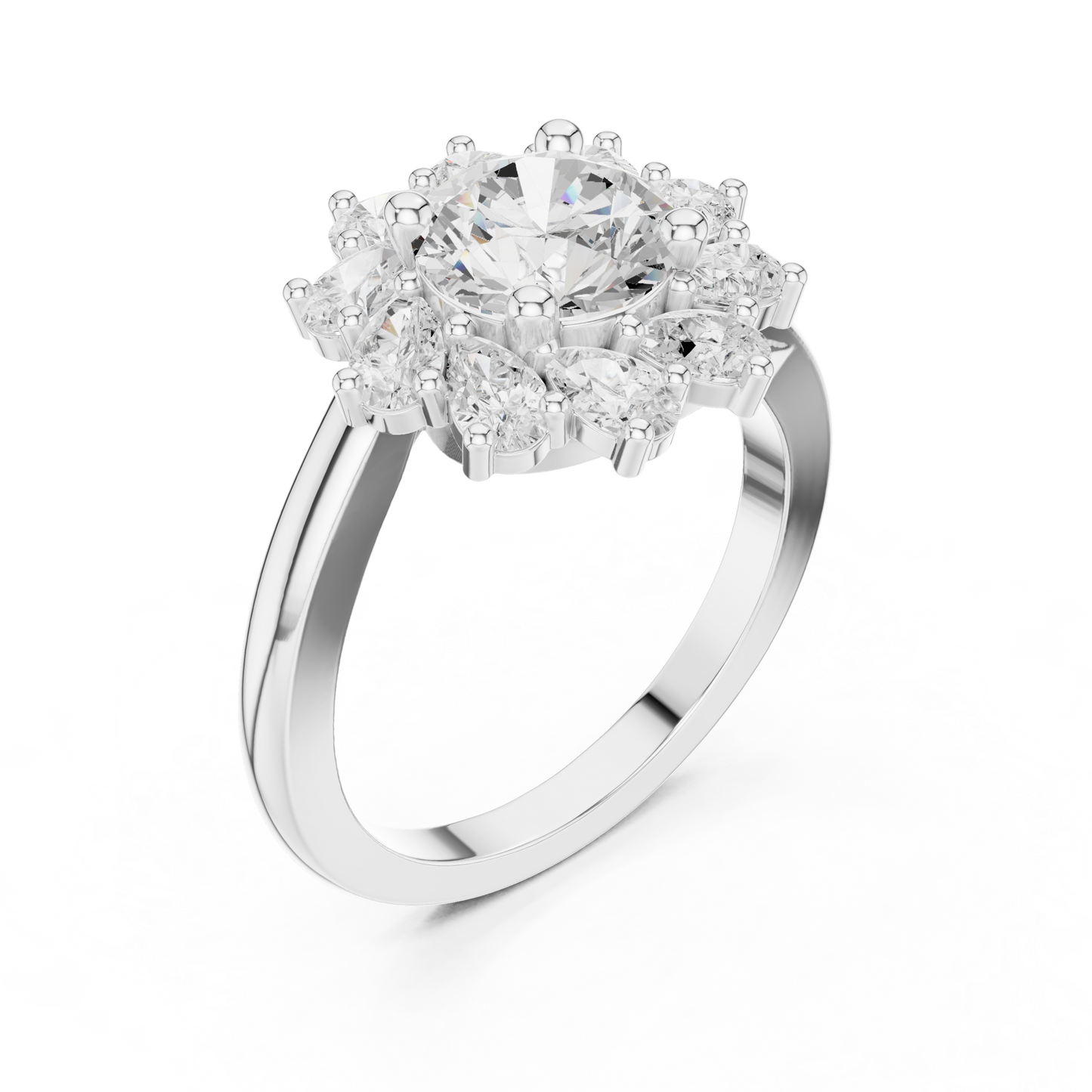 2.43ctw Round Diamond Starburst Floral Halo Ring Plain Band - Solid Gold