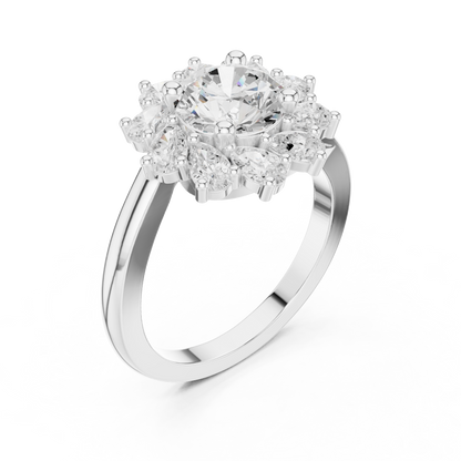 2.43ctw Round Diamond Starburst Floral Halo Ring Plain Band - Solid Gold