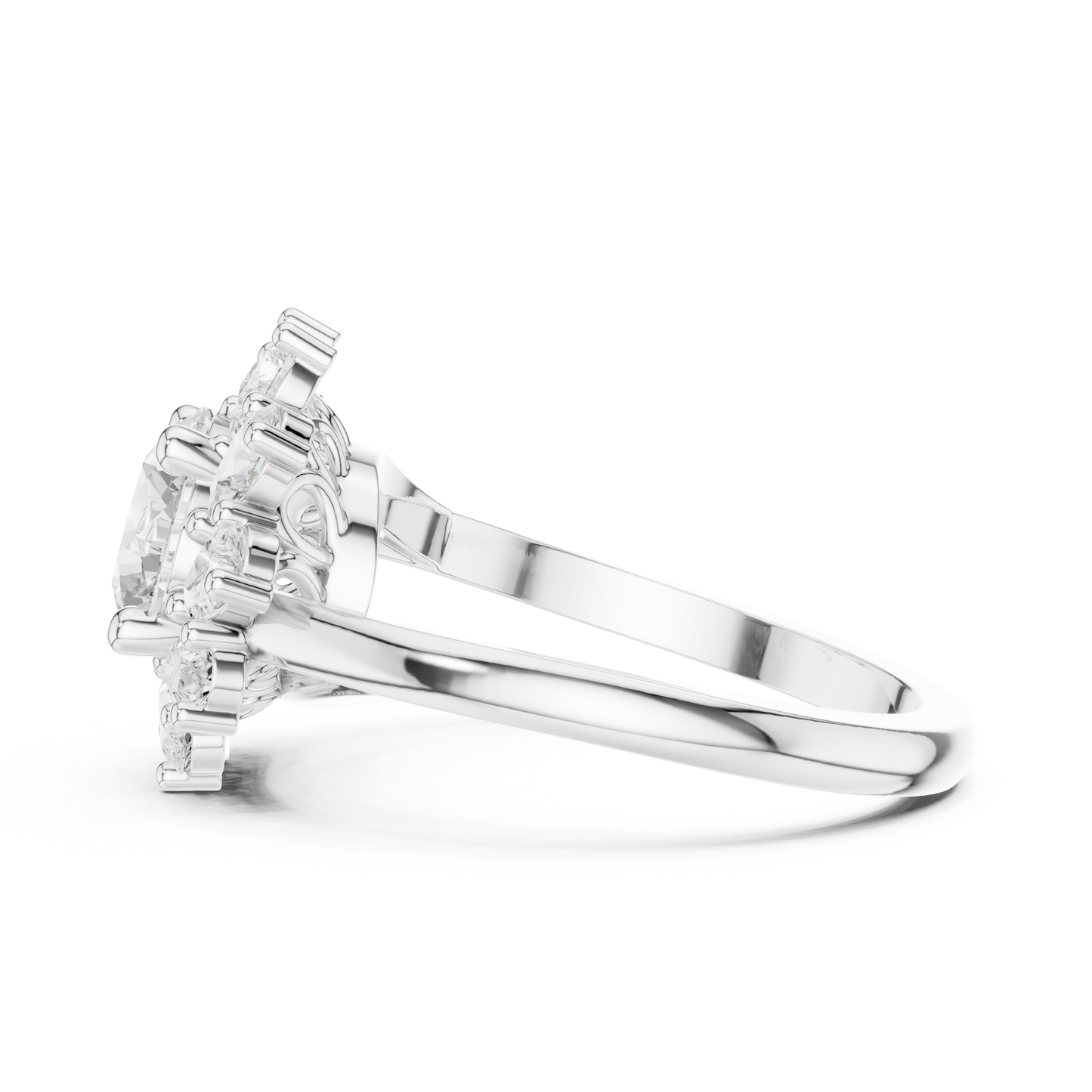2.43ctw Round Diamond Starburst Floral Halo Ring Plain Band - Solid Gold